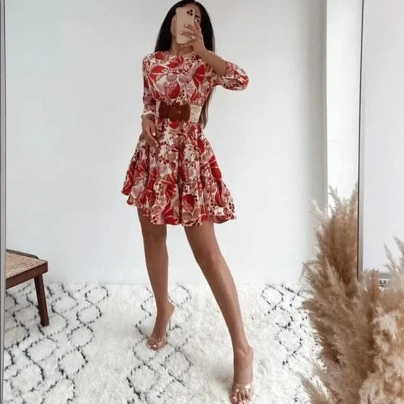 Zara Floral Tiered Babydoll 3/4 Sleeve Dress Red Pink Size XS - Picture 3 of 10